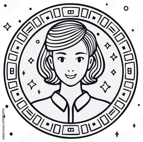 Stylized black and white portrait of a smiling woman in a decorative cosmic medallion