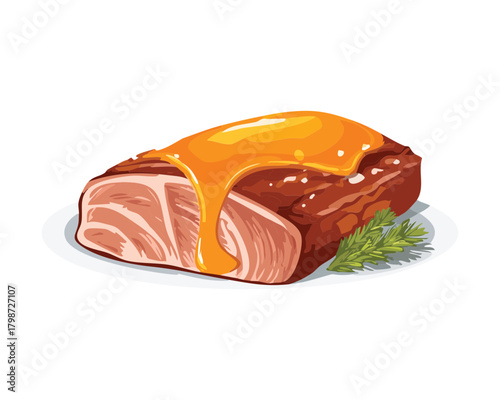 Thick, juicy piece of salmon or tuna steak perfectly seared and generously drizzled with a rich golden honey-mustard or citrus glaze sauce - Vector Illustration