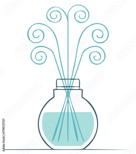 Serene aroma diffuser bottle illustration with light blue liquid and swirling decorative reeds