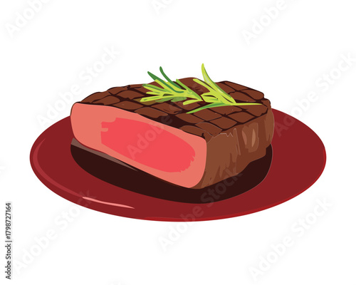 Succulent, perfectly cooked cross-section slice of a medium-rare beef steak showing a juicy red center and a well-seared crust - Vector Illustration