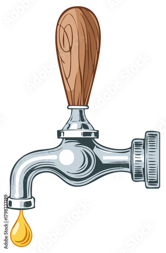 Dripping Faucet Tap Cartoon Illustration Water Drop Chrome Fixture Wooden Handle Beverage Dispenser