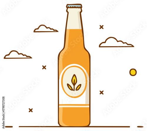Vector illustration of a beer bottle with a simple leaf logo and stylized clouds