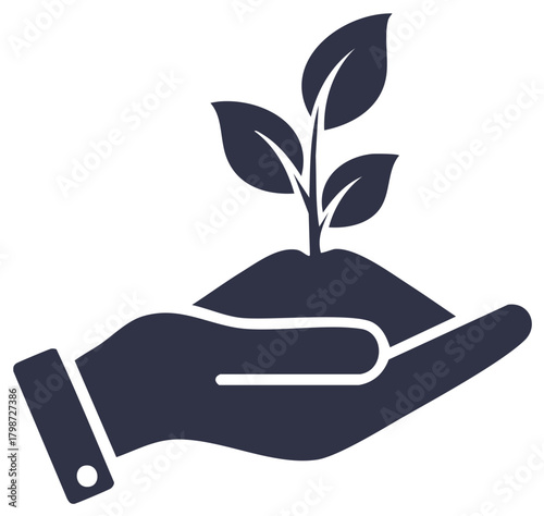 Icon of a hand holding a sprouting plant in soil symbolizing growth and new beginnings