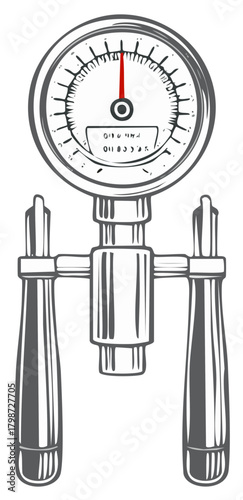 Vintage style tire pressure gauge illustration, classic car repair tool, automotive maintenance meter sketch
