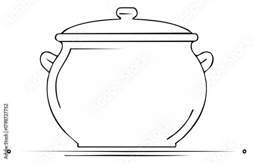 Drawn illustration of a cooking pot with a lid, handles, and a decorative handle, simple black outline.