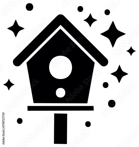 Classic black birdhouse with stars and dots, simple vector icon of birdhouse