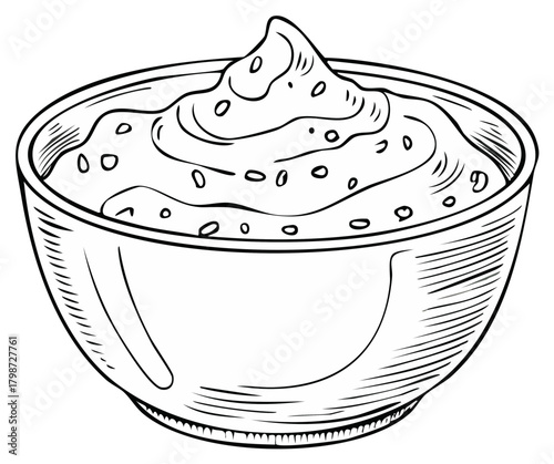 Bowl of creamy dip or sauce hand drawn black and white line art illustration