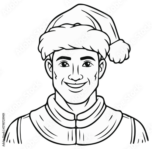 Smiling man wearing a Santa hat and winter clothing, stylized line art illustration