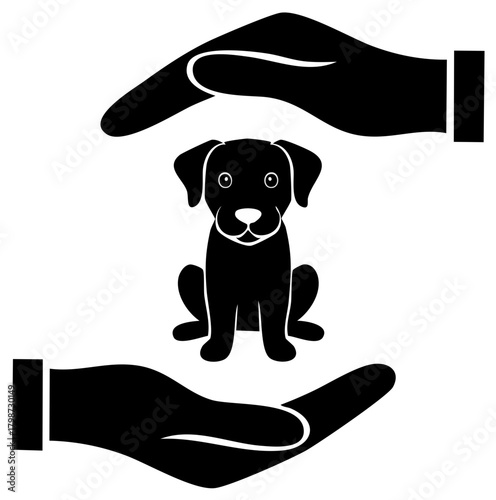 Protective Hands Shelter a Sitting Puppy Illustration in Black and White