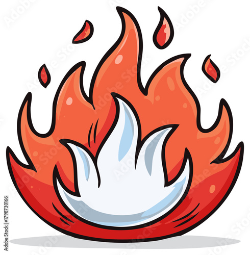 Stylized cartoon fire illustration with red and orange flames and white hot center
