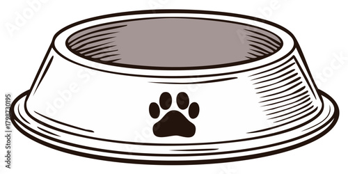 Pet food bowl illustration with paw print symbol for domestic animals and pets feeding needs
