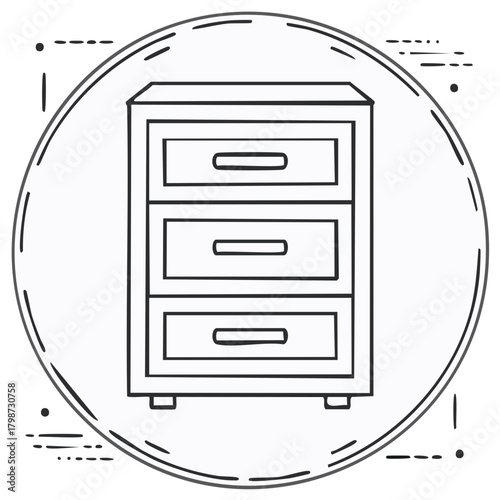 Minimalist chest of drawers line art icon in a decorative circular frame for home or office storage.
