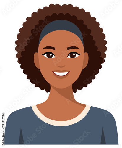 Illustration of smiling woman with afro, wearing a headband and blue top.