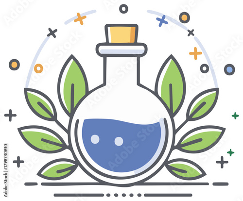 Enchanting potion bottle surrounded by green leaves and sparkling magic symbols