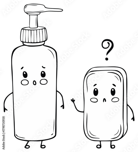 Cartoon liquid soap dispenser and bar soap wondering with question mark