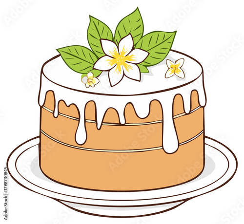 Illustrated layer cake with white drip icing and fresh citrus blossom decorations on a plate