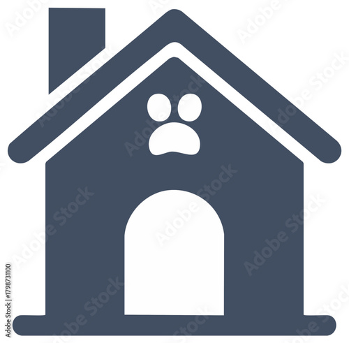 Doghouse icon, house with chimney and paw symbol, home for pet animal