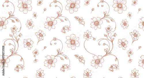 Beautiful seamless pattern featuring delicate hand-drawn outline flowers and elegant scrolling vines in a vintage sepia-brown tone on a clean white background.