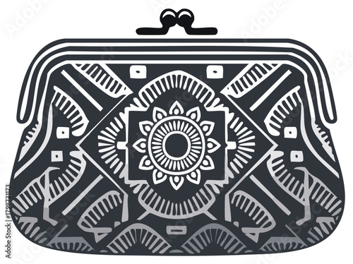 Ornate retro coin purse with intricate tribal patterns and floral motifs graphic illustration
