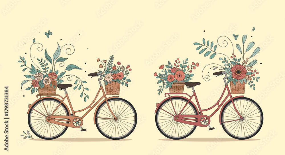 Obraz premium Two charming vintage bicycles adorned with vibrant floral baskets, set against a soft, light background, evoking a sense of nostalgic spring.