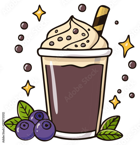 Cute cartoon blueberry boba drink illustration with whipped cream and wafer stick
