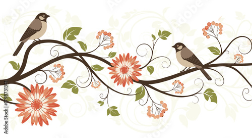 Two charming illustrated birds perch on an ornate branch with vibrant orange flowers and berries, against a delicate botanical pattern.