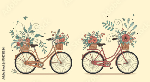 Two charming vintage bicycles adorned with vibrant floral baskets, set against a soft, light background, evoking a sense of nostalgic spring.