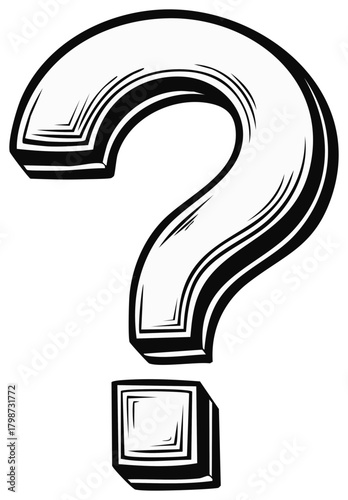 Black and White Sketch Illustration of a Question Mark with Shaded Sides
