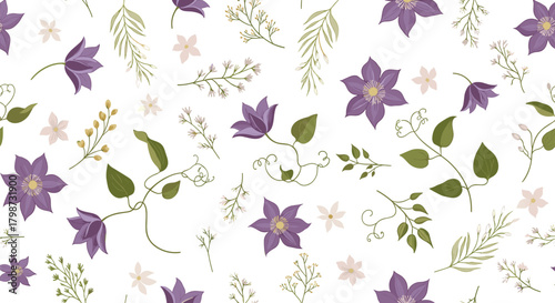 Vibrant seamless pattern featuring purple clematis flowers, gentle pink blossoms, and an assortment of green foliage on a pristine white background.