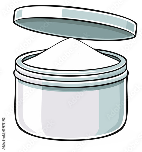 Cartoon illustration of a white powder in a jar with the lid opened showing purity and cleanliness in a cosmetic container