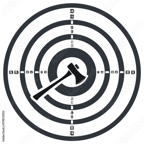 Axe throwing sport icon with a hatchet centered on a round target monochrome vector illustration