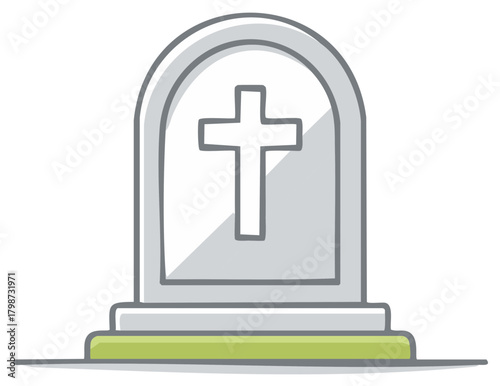 Simple cartoon illustration of a tombstone with a christian cross symbol