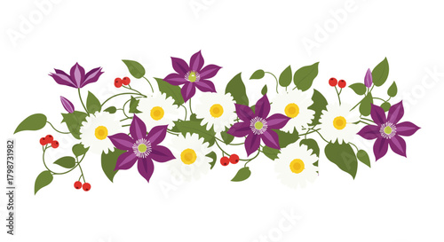 A decorative floral border featuring vibrant purple clematis, white daisies, green leaves, and red berries on a clean white background.