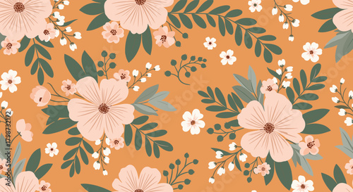 Elegant floral seamless pattern featuring charming light pink and white blossoms intertwined with lush green foliage against a vibrant orange backdrop.