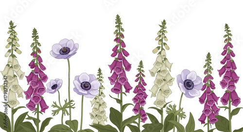 A charming botanical illustration of purple and cream foxgloves and delicate lavender anemones, perfect for decorative borders.