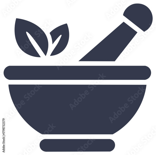 Mortar and Pestle with Green Leaves Silhouette Illustration Pharmacy and Alternative Medicine Concept