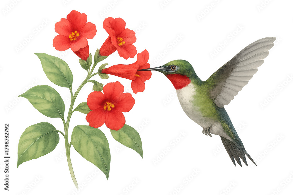 Fototapeta premium Ruby-throated hummingbird feeding on red flowers, a vivid wildlife scene on a transparent background