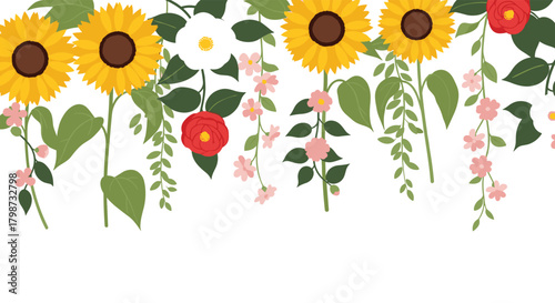 Vibrant illustration of a floral border featuring bright sunflowers, red and white camellias, and delicate pink blossoms on white.