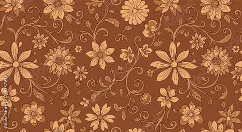 Seamless vintage floral pattern with intertwining vines and assorted blossoms in warm brown and beige tones on a rich chocolate background.