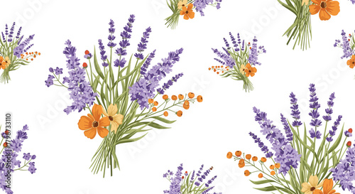 Lovely seamless pattern featuring watercolor illustrations of purple lavender bouquets and cheerful orange wildflowers on a pure white backdrop.