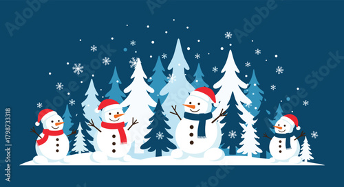 Four cheerful snowmen with red and blue scarves and hats stand in a snowy forest with falling snowflakes, evoking a festive winter wonderland.