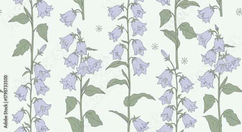 Soft purple bellflowers and green foliage create a delicate, repeating floral pattern on a gentle pale green backdrop, enhanced by subtle abstract shapes.