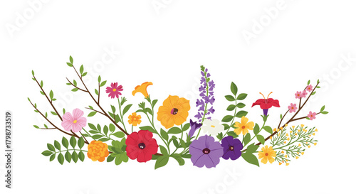 Colorful spring and summer flowers with green leaves and branches forming a beautiful horizontal border on a white background, ideal for decorative design.