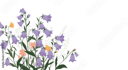 A beautiful illustration of purple bellflowers with delicate orange and yellow blossoms, creating a fresh floral border on a clean white background.