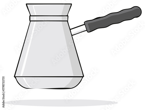Silver cezve with black handle for brewing Turkish coffee in illustration format