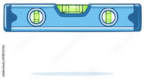 Blue spirit level illustration showing measurement bubbles for construction or design projects. Tool cartoon