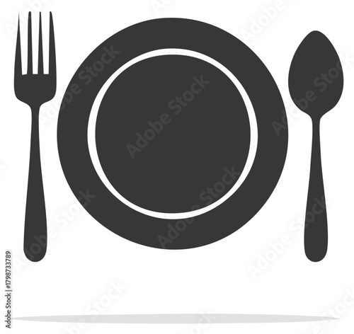 Plate, fork and spoon cutlery set isolated. Dining, silverware, tableware concept.