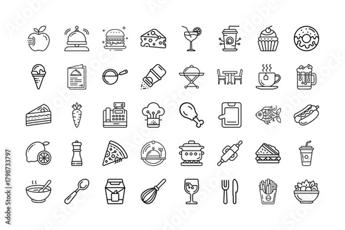 Various food and drink outline icons set and Transparent Background