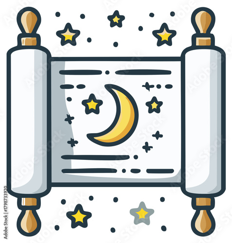 Illustration of a scroll with moon and stars, representing ancient text or magic