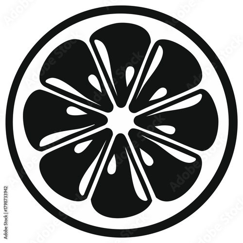 Minimalist black and white vector illustration of a fresh citrus fruit slice, graphic design element